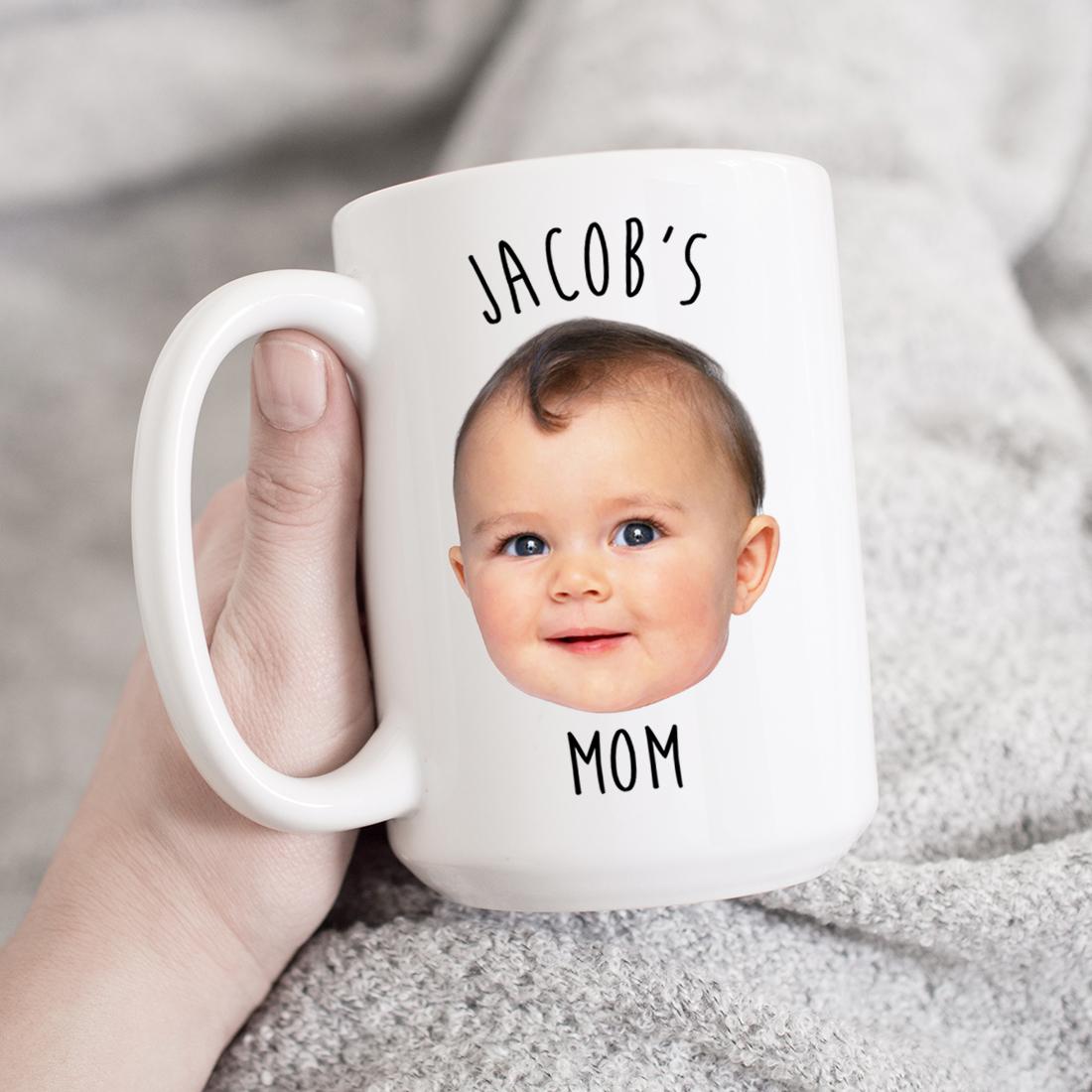 A personalised photo mug featuring a vibrant custom design, showcasing a cherished photo on a glossy white ceramic surface.