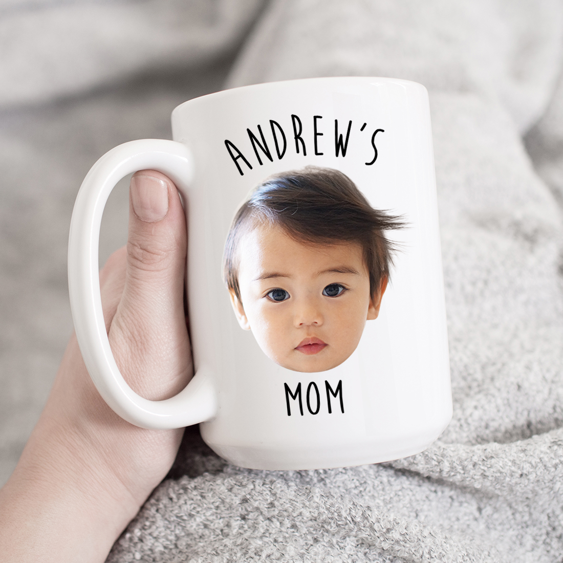 A personalized ceramic mug featuring a custom photo and text, perfect for coffee and tea lovers.