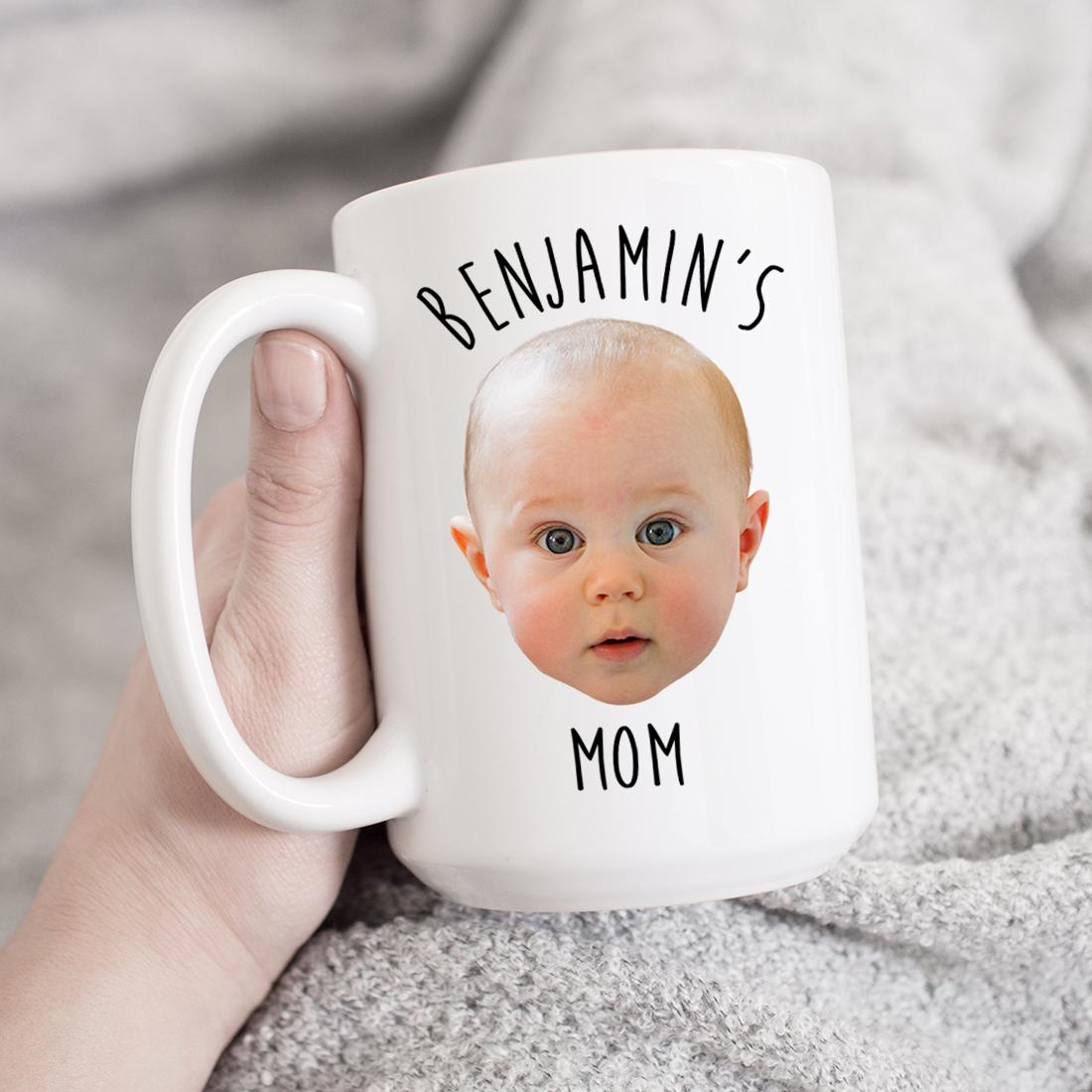 A personalized ceramic photo mug featuring a custom image and text, showcasing vibrant colors and a glossy white finish.