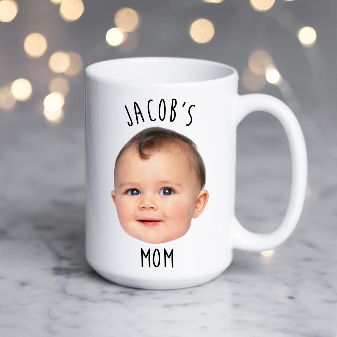 A personalized photo mug featuring a custom image and text, showcasing a glossy white ceramic finish.