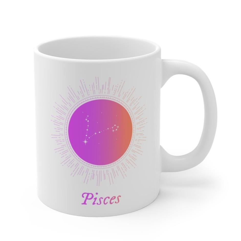 PISCES Astrology Mug made of white ceramic, featuring a classic design with rounded corners and a comfortable C-handle.