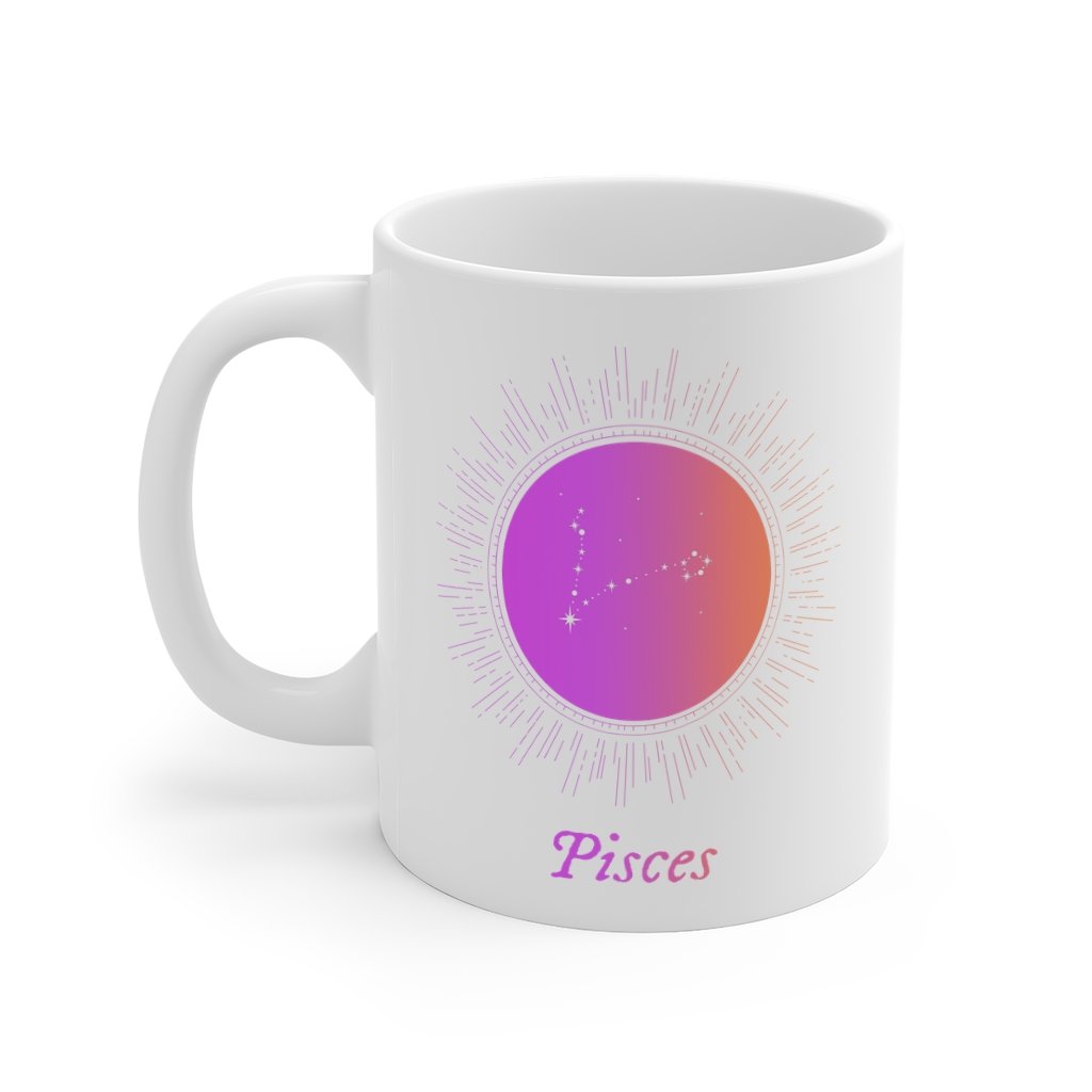 PISCES Astrology Mug made of white ceramic, featuring a classic design with rounded corners and a comfortable C-handle.