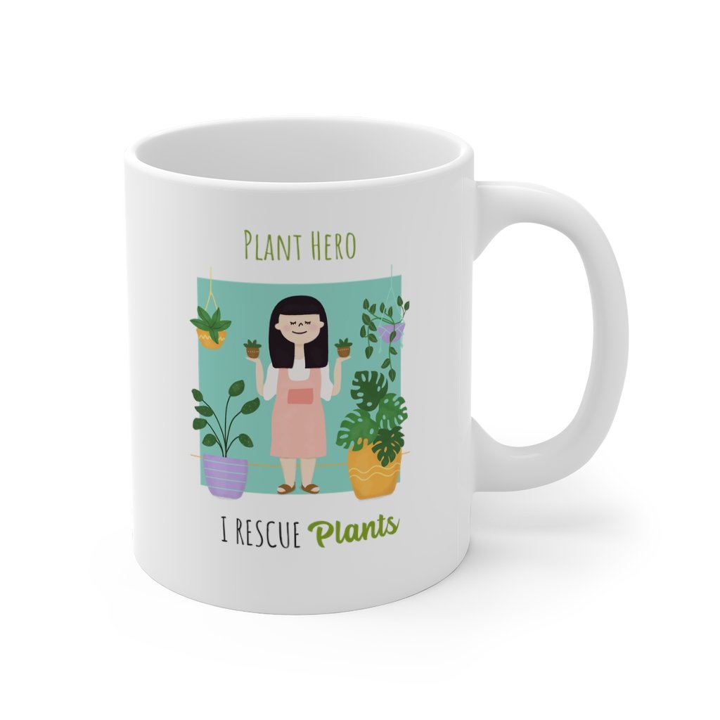 A white ceramic mug with the phrase 'I Rescue Plants' printed on it, featuring a classic shape and C-handle.