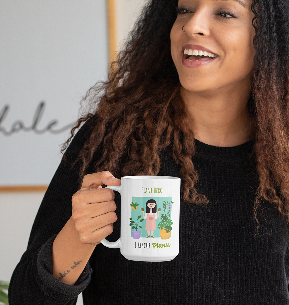 A white ceramic mug with the phrase 'I Rescue Plants' printed on it, featuring a classic shape and C-handle.