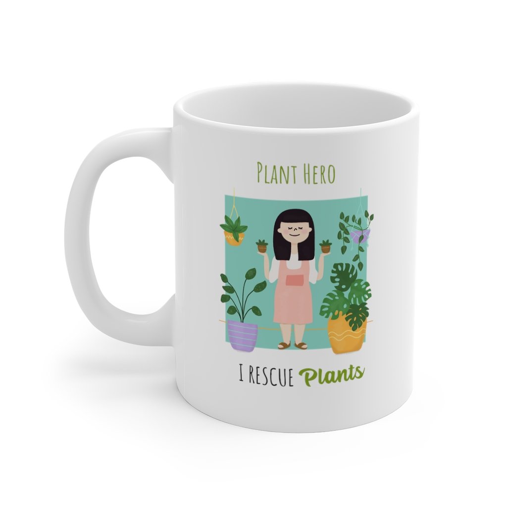 A white ceramic mug with the phrase 'I Rescue Plants' printed on it, featuring a classic shape and C-handle.