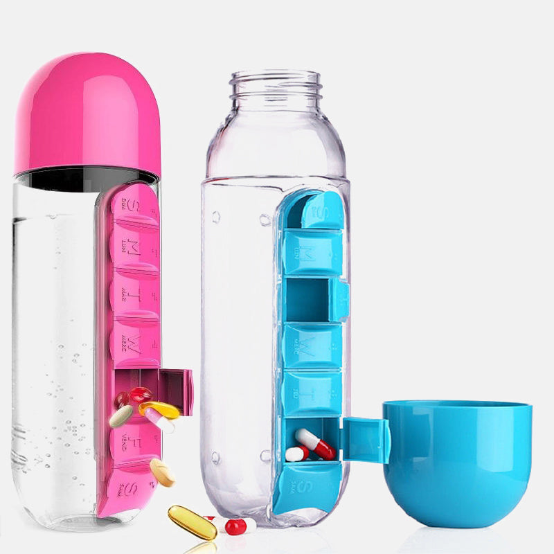 A clear plastic drink bottle with a built-in medicine pills box, featuring seven compartments for pills, ideal for outdoor activities.