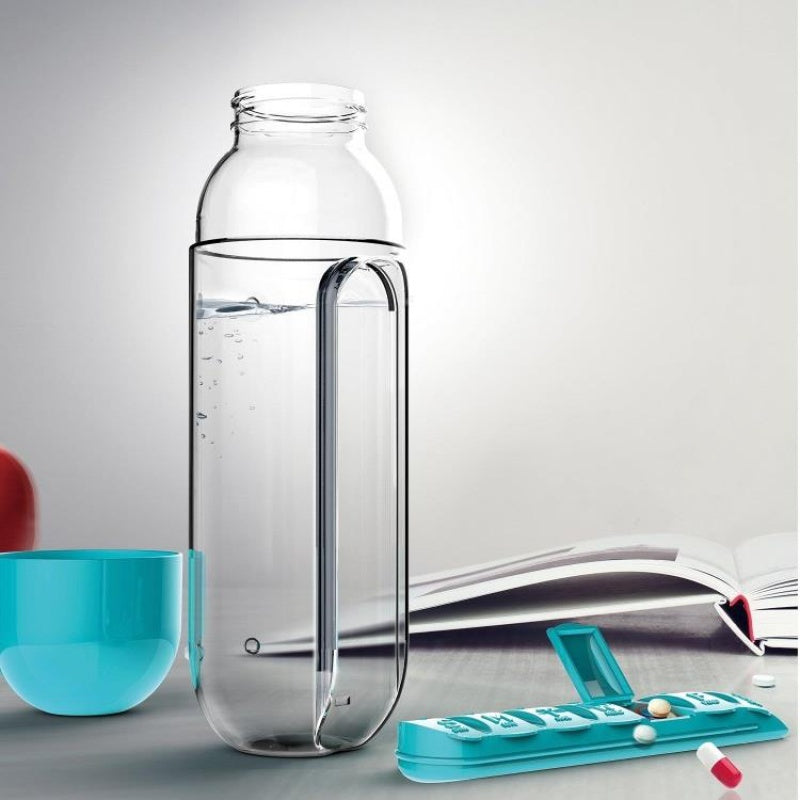 A clear plastic drink bottle with a built-in medicine pills box, featuring seven compartments for pills, ideal for outdoor activities.