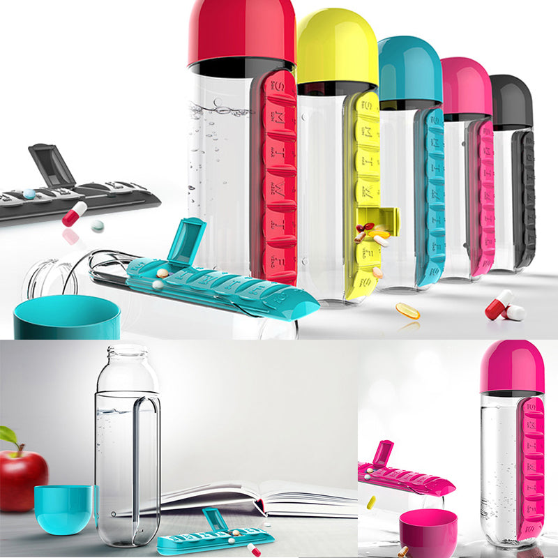 A clear plastic drink bottle with a built-in medicine pills box, featuring seven compartments for pills, ideal for outdoor activities.