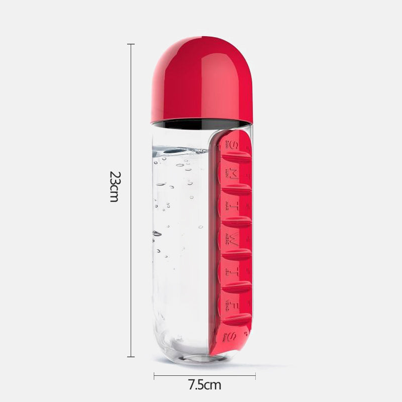 A clear plastic drink bottle with a built-in medicine pills box, featuring seven compartments for pills, ideal for outdoor activities.