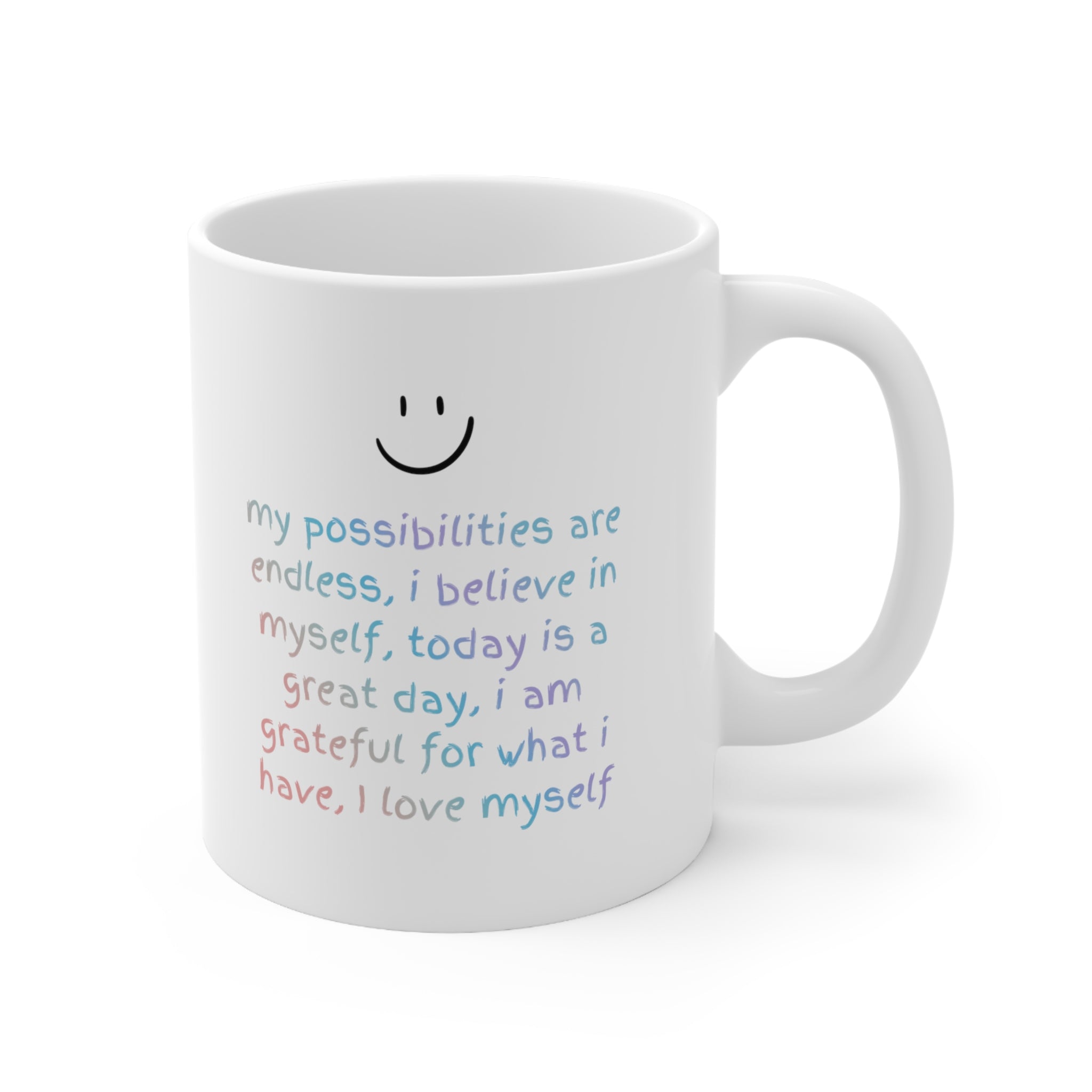 A white ceramic mug with positive affirmations, perfect for coffee or tea, featuring rounded corners and a classic design.