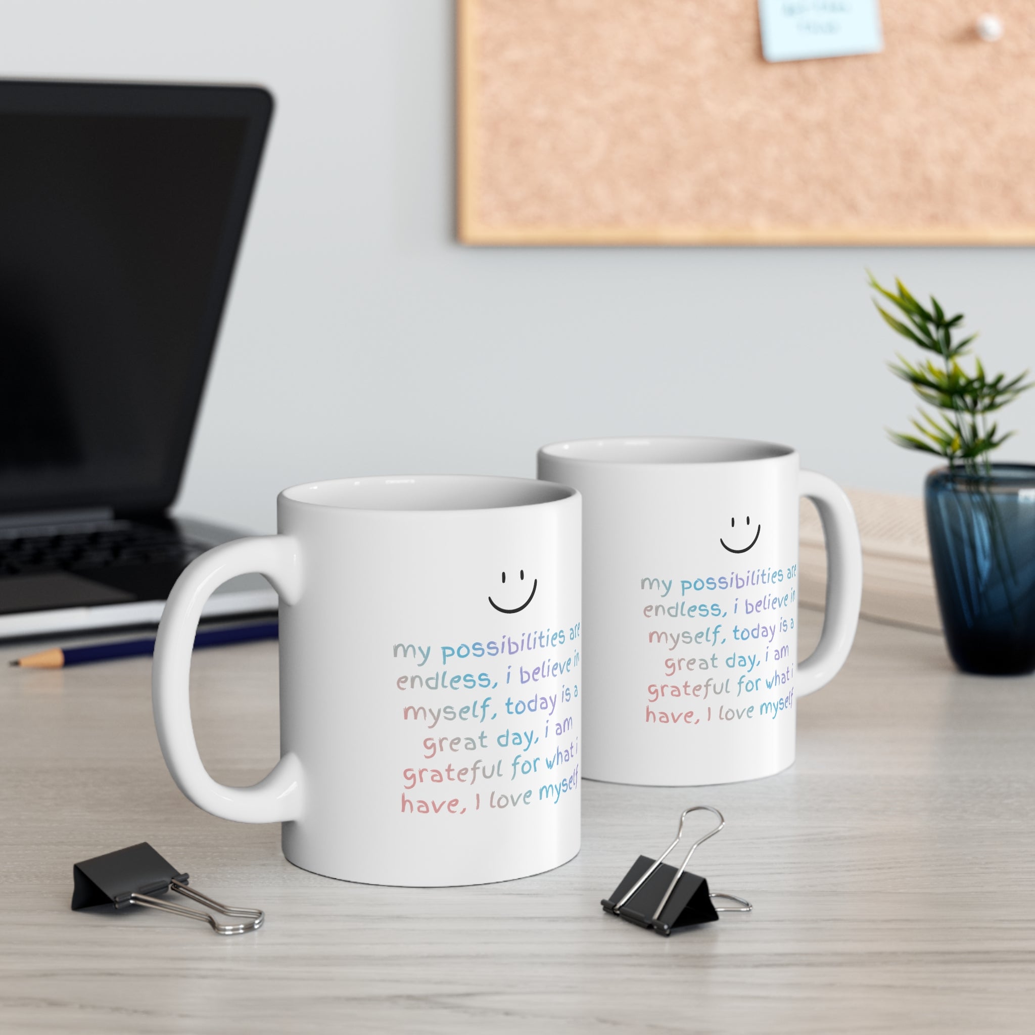 A white ceramic mug with positive affirmations, perfect for coffee or tea, featuring rounded corners and a classic design.