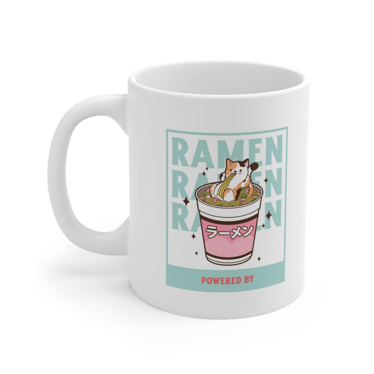 A white ceramic novelty mug featuring a fun ramen design, perfect for coffee, tea, and chocolate lovers.