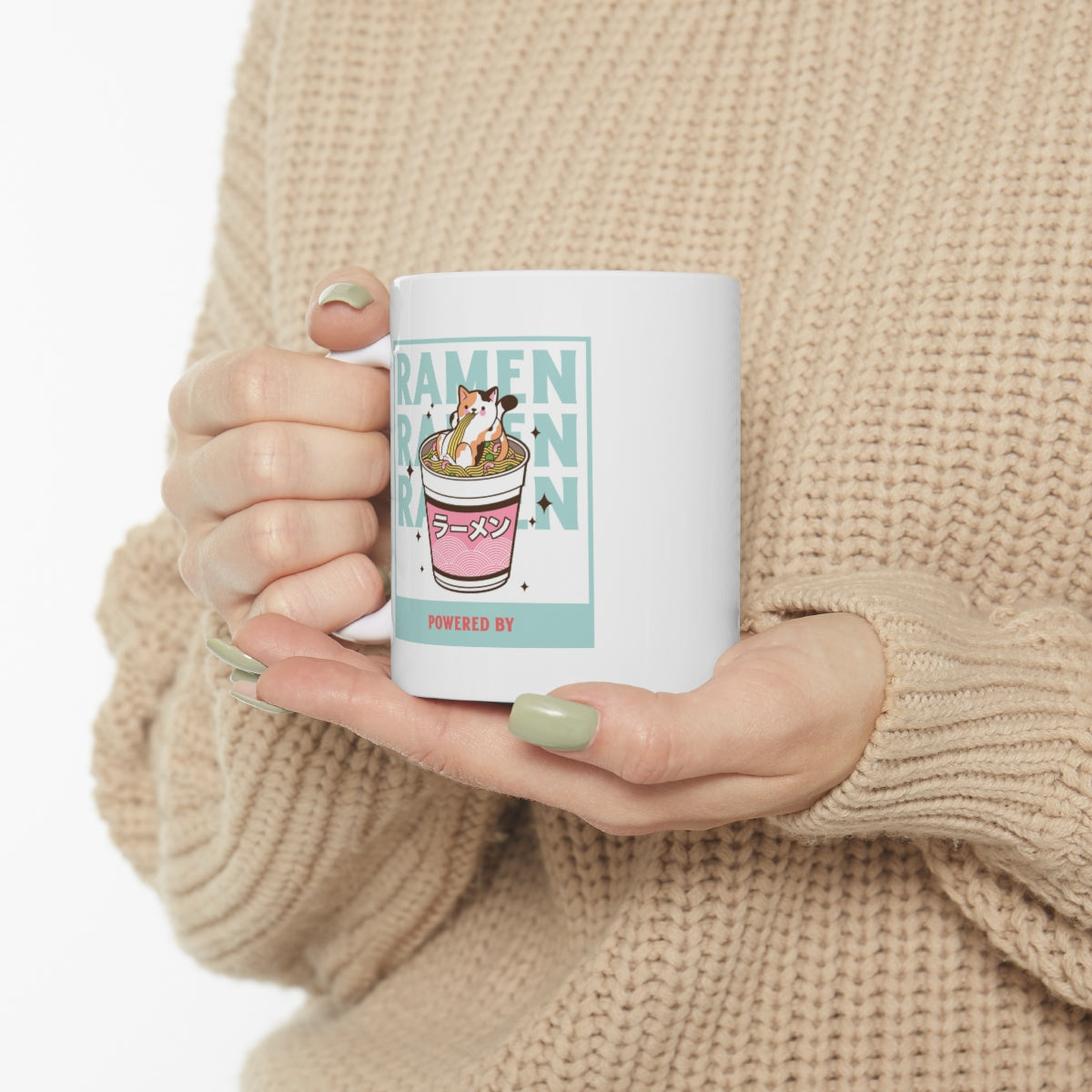 A white ceramic novelty mug featuring a fun ramen design, perfect for coffee, tea, and chocolate lovers.