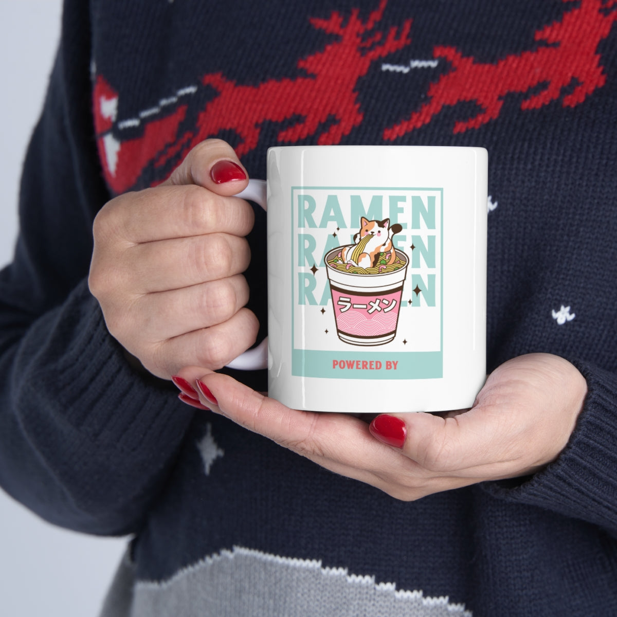 A white ceramic novelty mug featuring a fun ramen design, perfect for coffee, tea, and chocolate lovers.