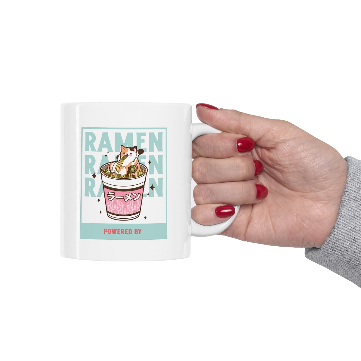 A white ceramic novelty mug featuring a fun ramen design, perfect for coffee, tea, and chocolate lovers.