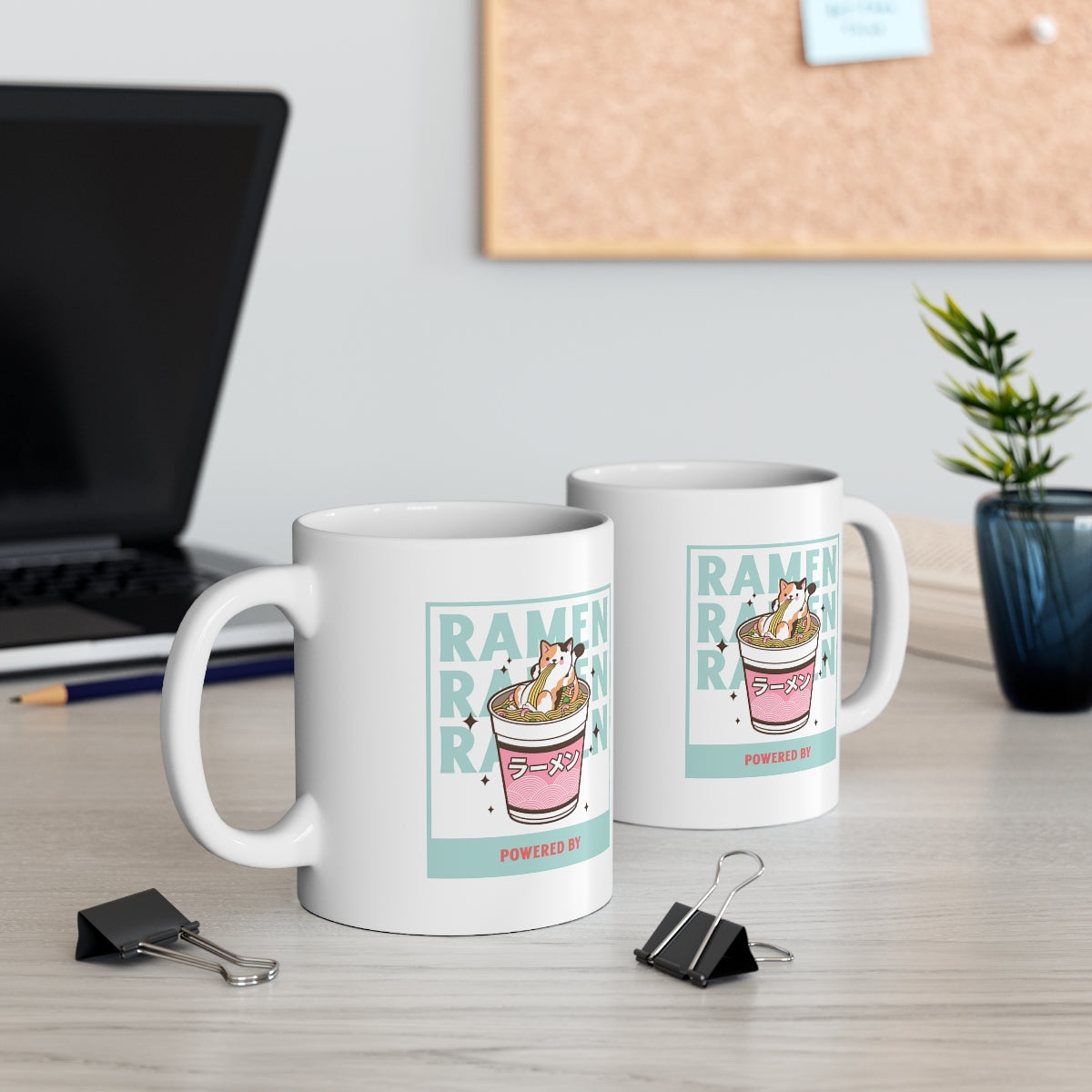 A white ceramic novelty mug featuring a fun ramen design, perfect for coffee, tea, and chocolate lovers.