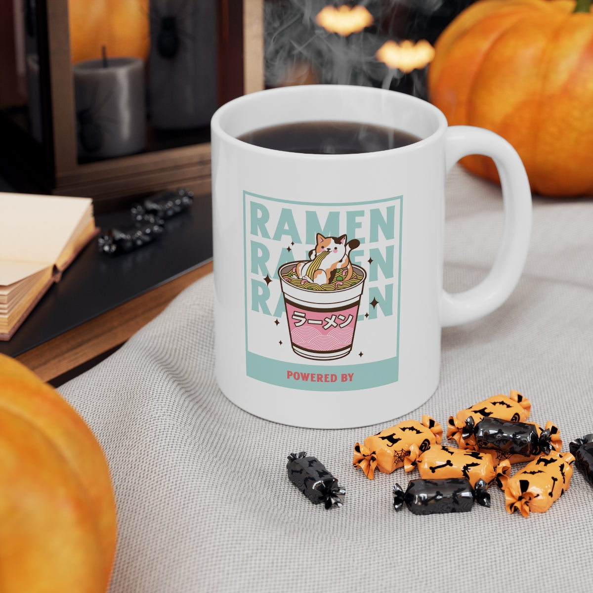 A white ceramic novelty mug featuring a fun ramen design, perfect for coffee, tea, and chocolate lovers.