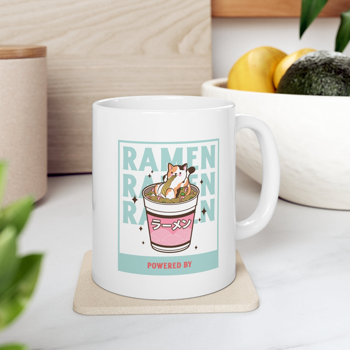 A white ceramic novelty mug featuring a fun ramen design, perfect for coffee, tea, and chocolate lovers.