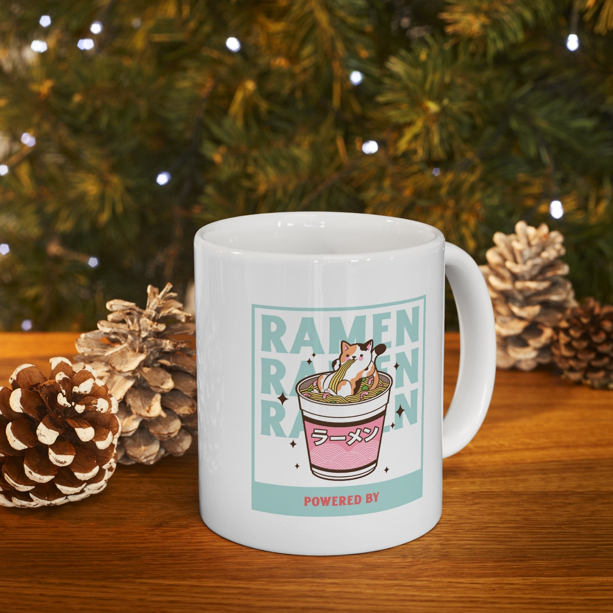 A white ceramic novelty mug featuring a fun ramen design, perfect for coffee, tea, and chocolate lovers.