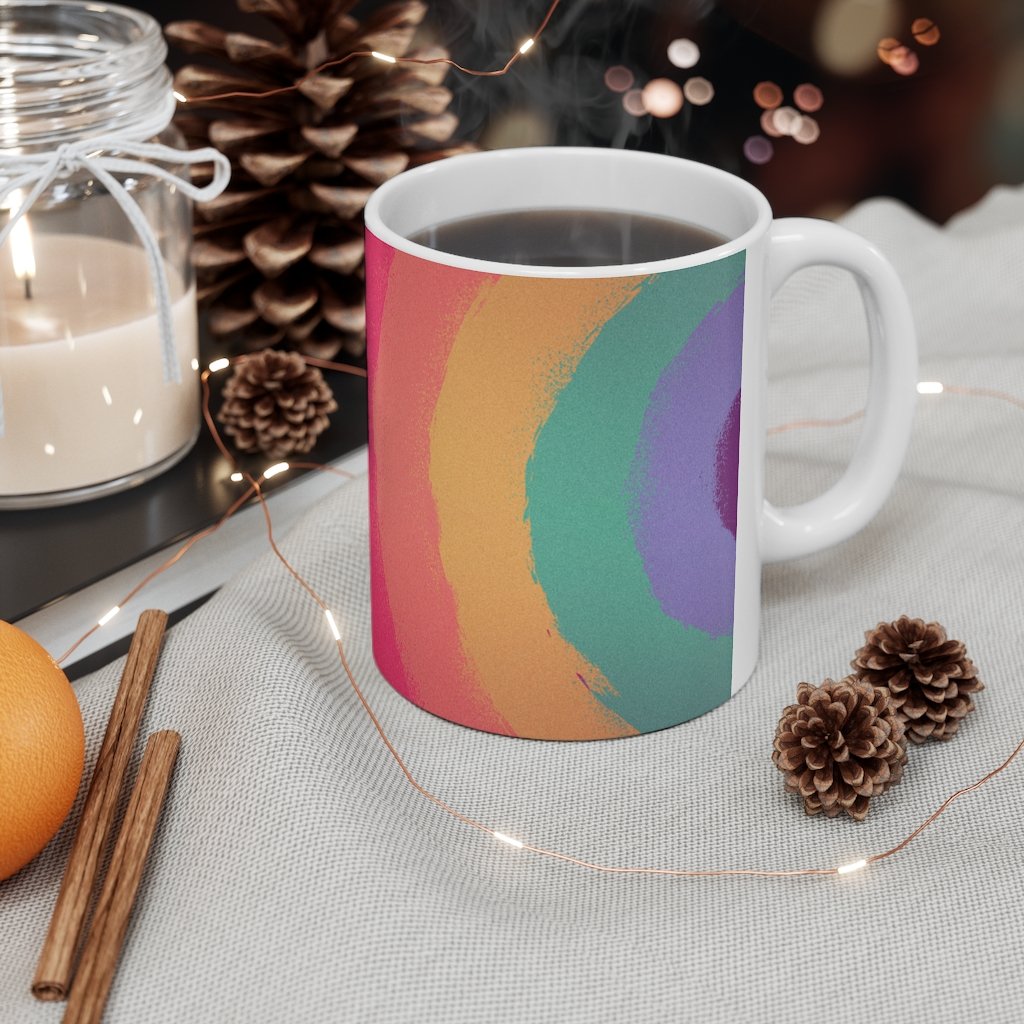 Rainbow Love Wins Mug, 11oz white ceramic mug with colorful love design, perfect for coffee, tea, or hot chocolate.