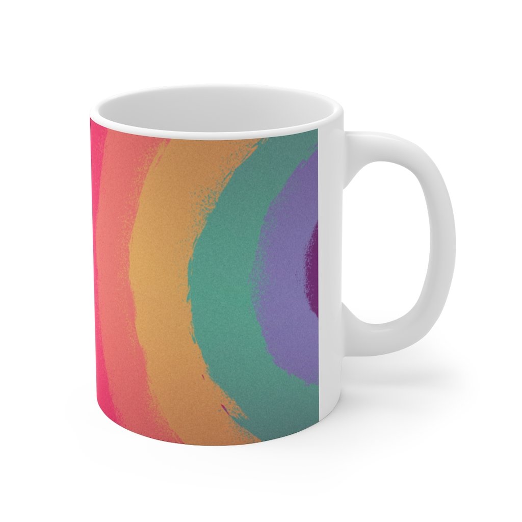 Rainbow Love Wins Mug, 11oz white ceramic mug with colorful love design, perfect for coffee, tea, or hot chocolate.