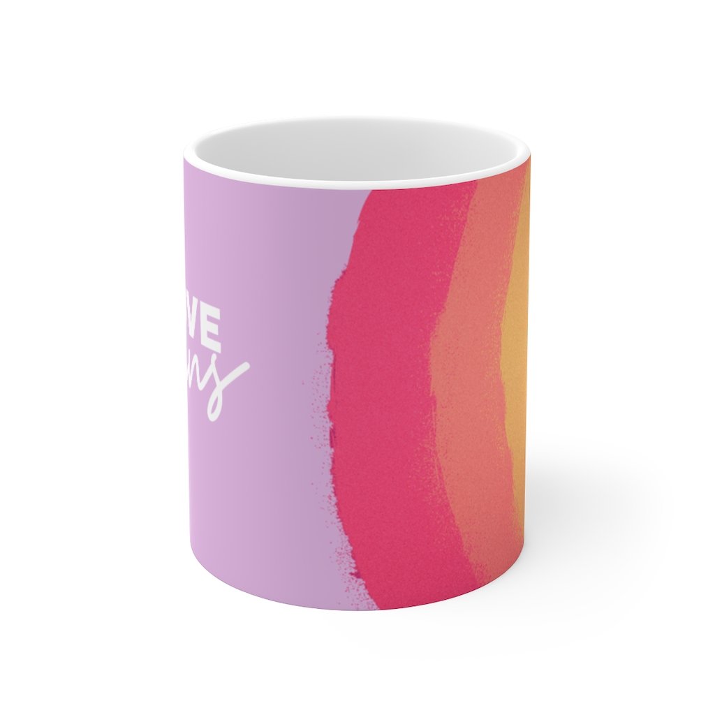 Rainbow Love Wins Mug, 11oz white ceramic mug with colorful love design, perfect for coffee, tea, or hot chocolate.