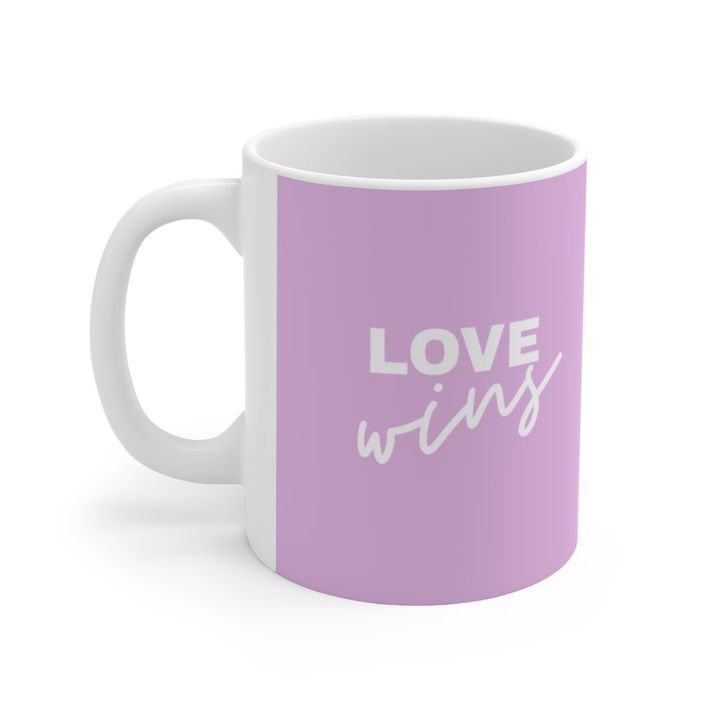 Rainbow Love Wins Mug, 11oz white ceramic mug with colorful love design, perfect for coffee, tea, or hot chocolate.