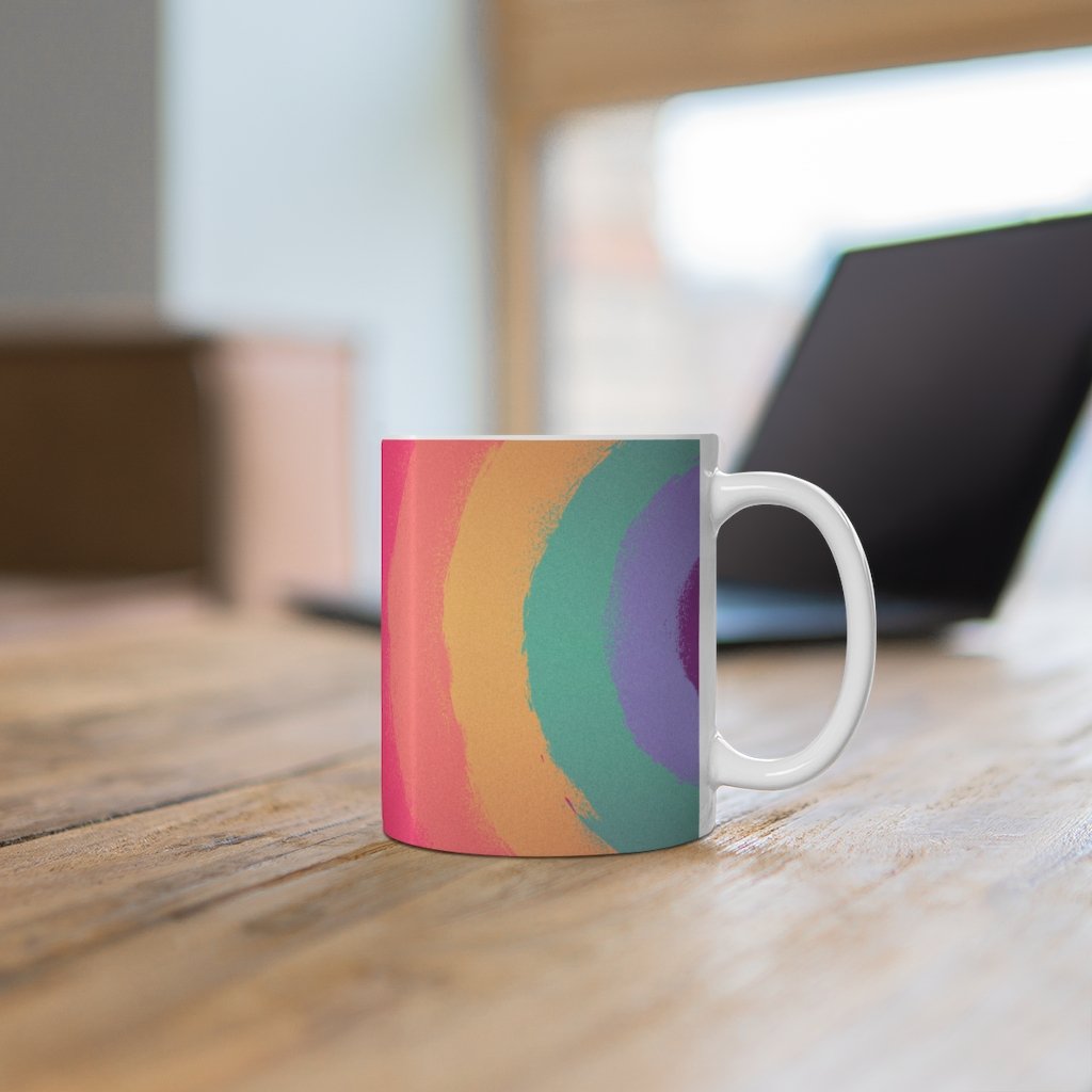 Rainbow Love Wins Mug, 11oz white ceramic mug with colorful love design, perfect for coffee, tea, or hot chocolate.