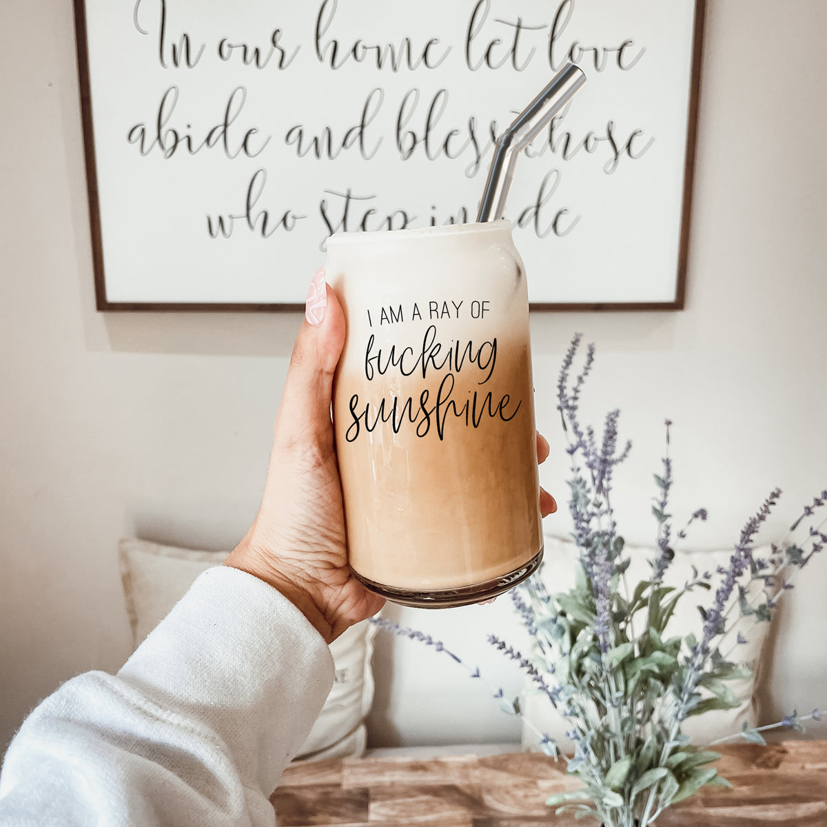 Ray of Sunshine Set featuring a glass cup, bamboo lid, and stainless steel straws, perfect for stylish drinking.