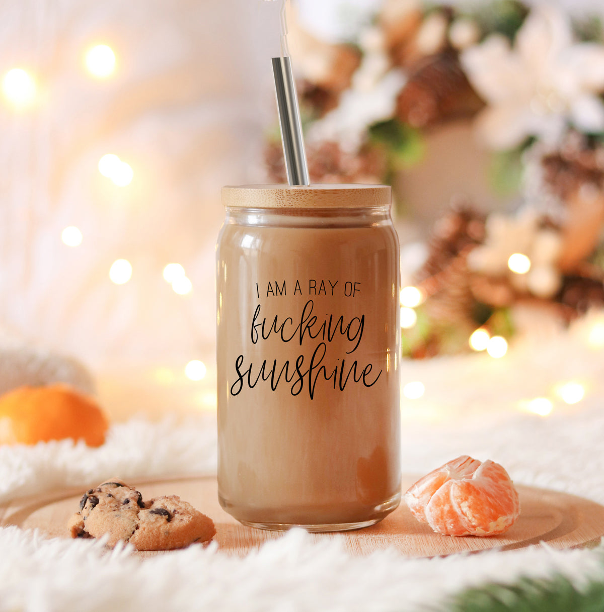 Ray of Sunshine Set featuring a glass cup, bamboo lid, and stainless steel straws, perfect for stylish drinking.