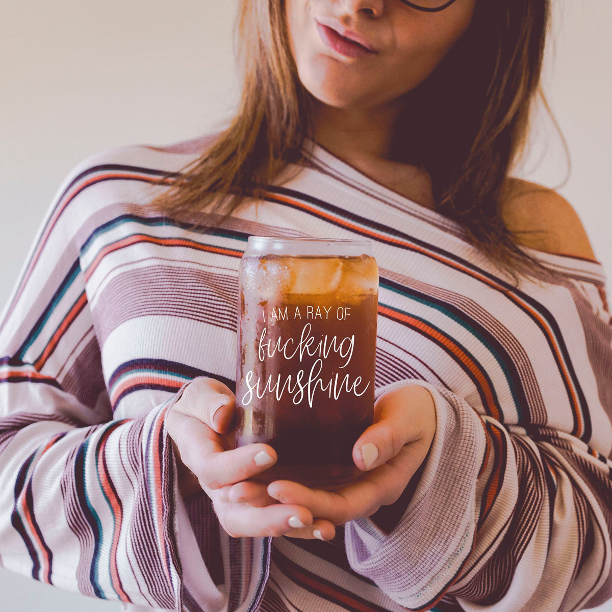 Ray of Sunshine Set featuring a glass cup, bamboo lid, and stainless steel straws, perfect for stylish drinking.