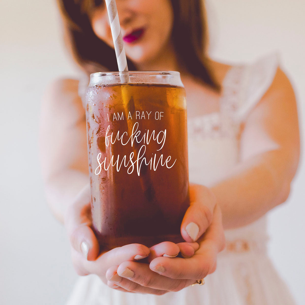 Ray of Sunshine Set featuring a glass cup, bamboo lid, and stainless steel straws, perfect for stylish drinking.