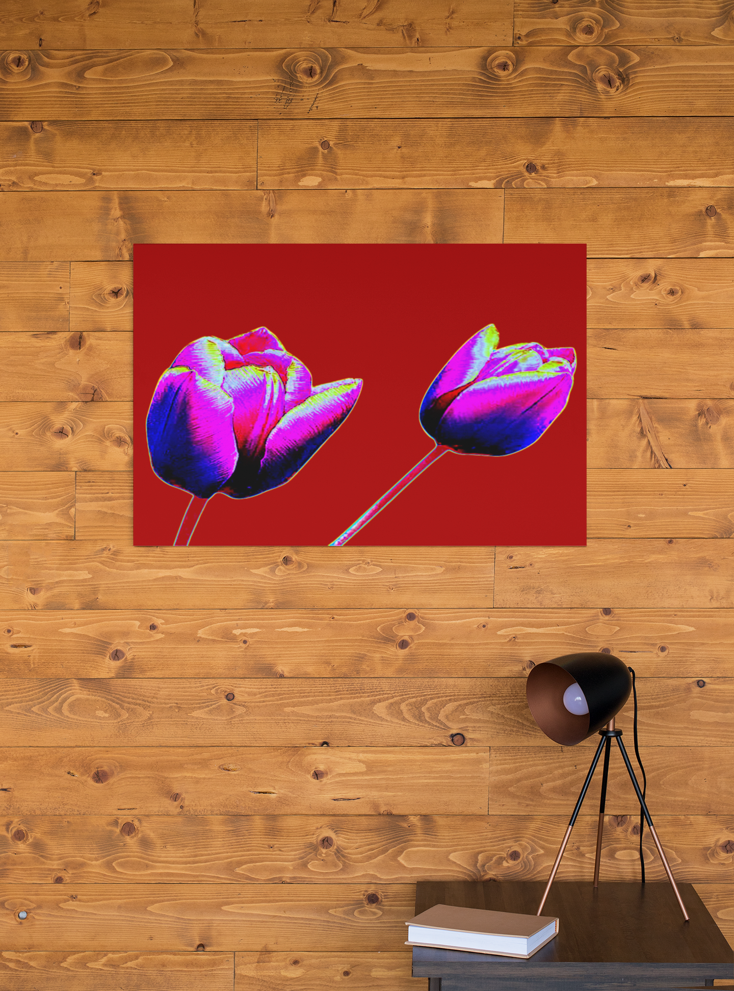 A vibrant pop art canvas print featuring bright red tulips against a colorful background, perfect for modern home decor.