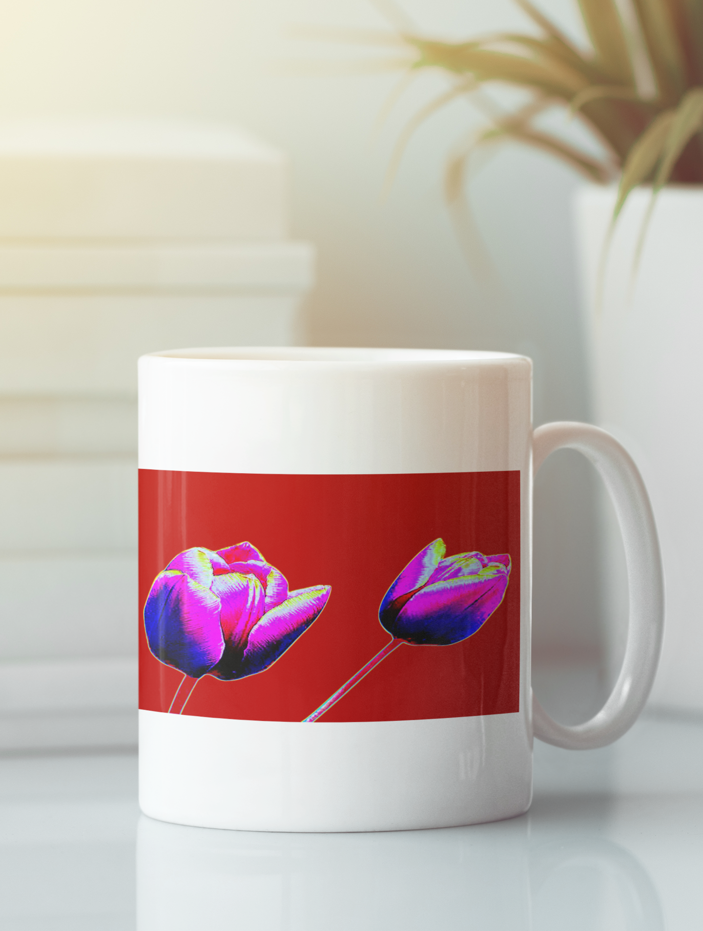 A vibrant Red Tulips Flowers Pop Art Coffee Mug featuring a unique tulip design on both sides, perfect for coffee or tea.