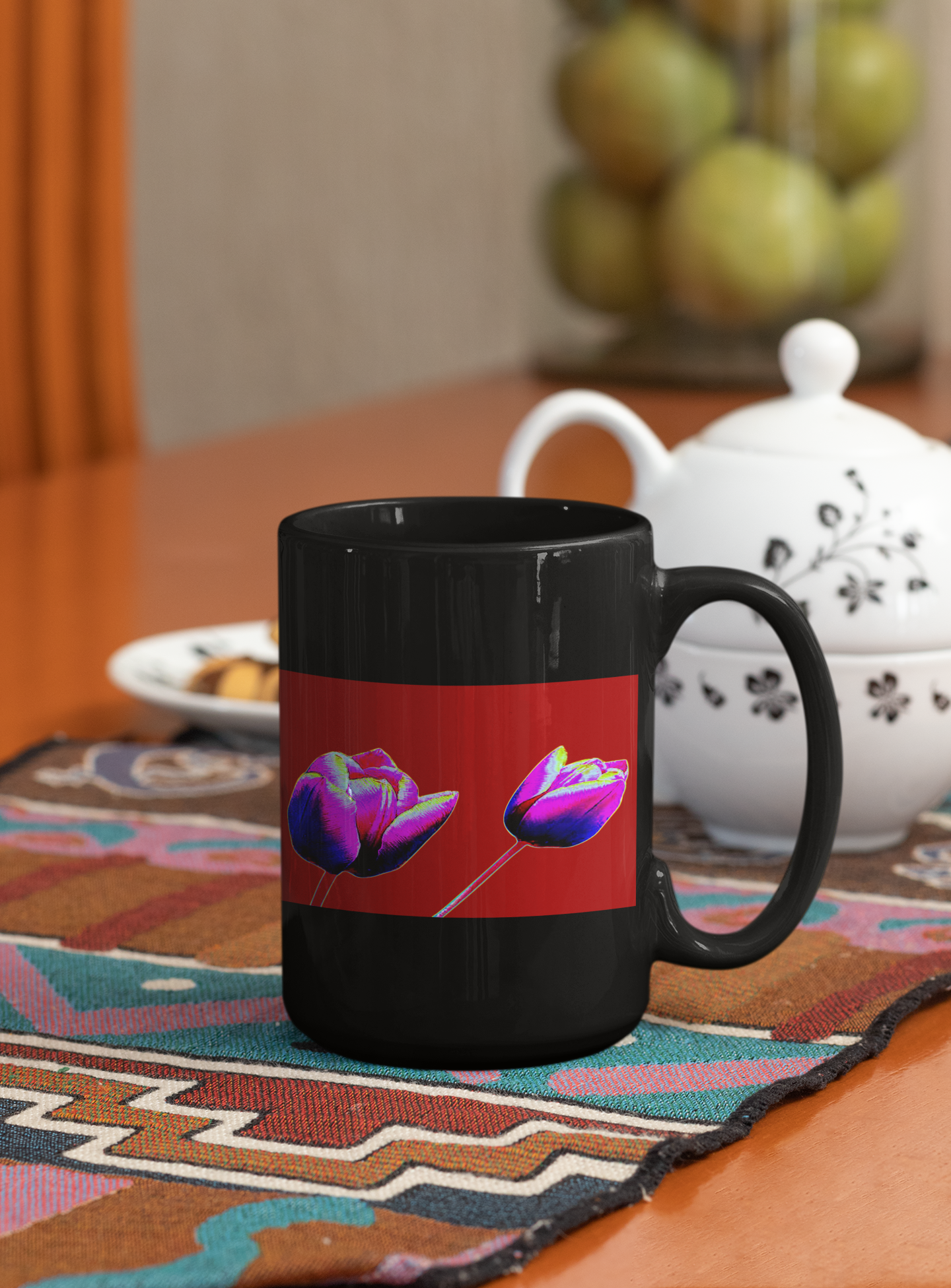 A vibrant Red Tulips Flowers Pop Art Coffee Mug featuring a unique tulip design on both sides, perfect for coffee or tea.