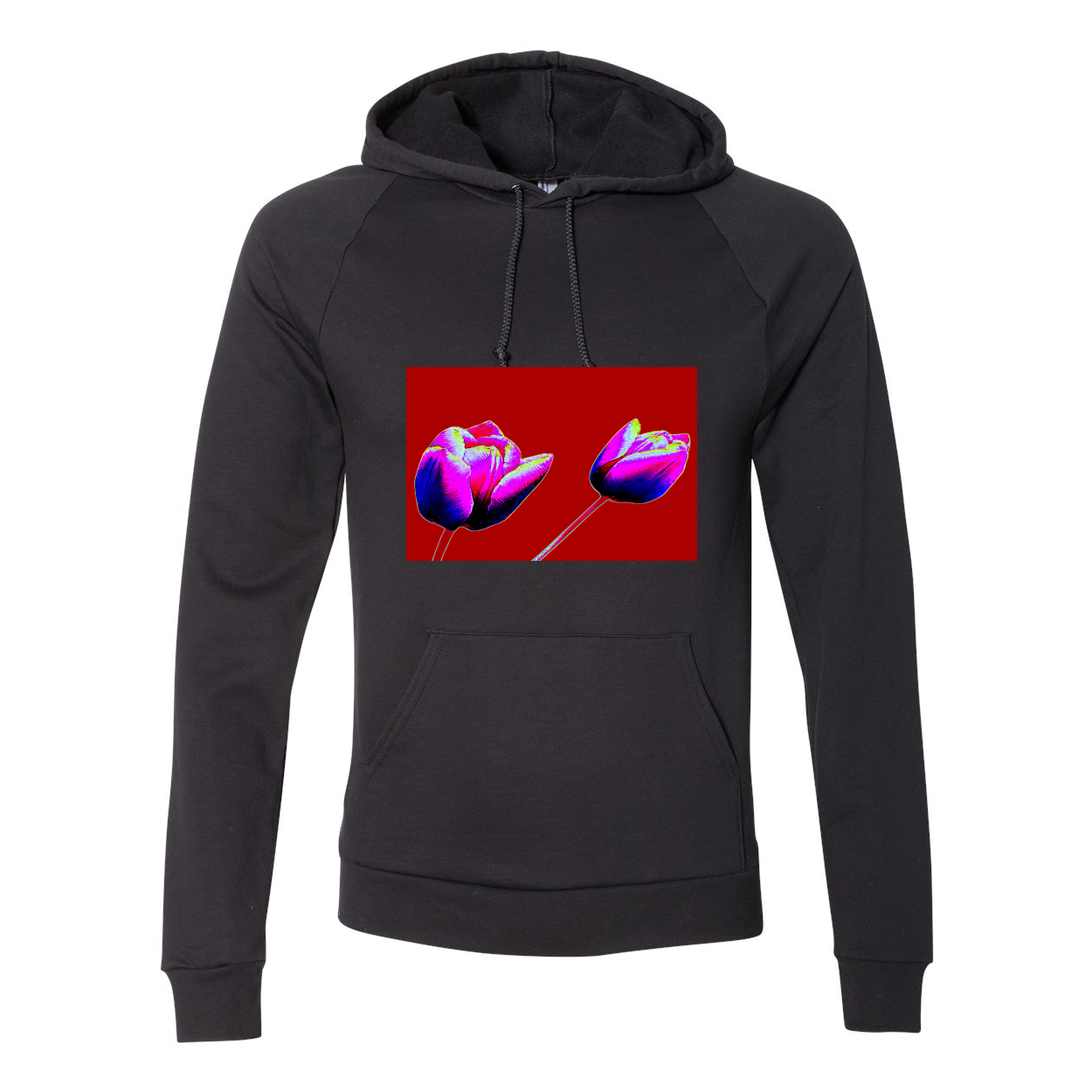 Red Tulips Women's Cali Fleece Pullover Hoodie with hood and drawcord, featuring a split-front pouch pocket and ribbed cuffs.