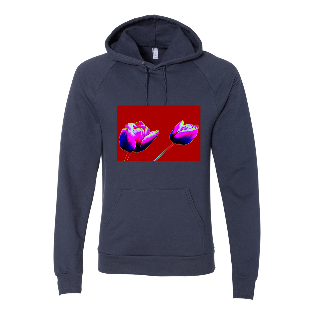 Red Tulips Women's Cali Fleece Pullover Hoodie with hood and drawcord, featuring a split-front pouch pocket and ribbed cuffs.