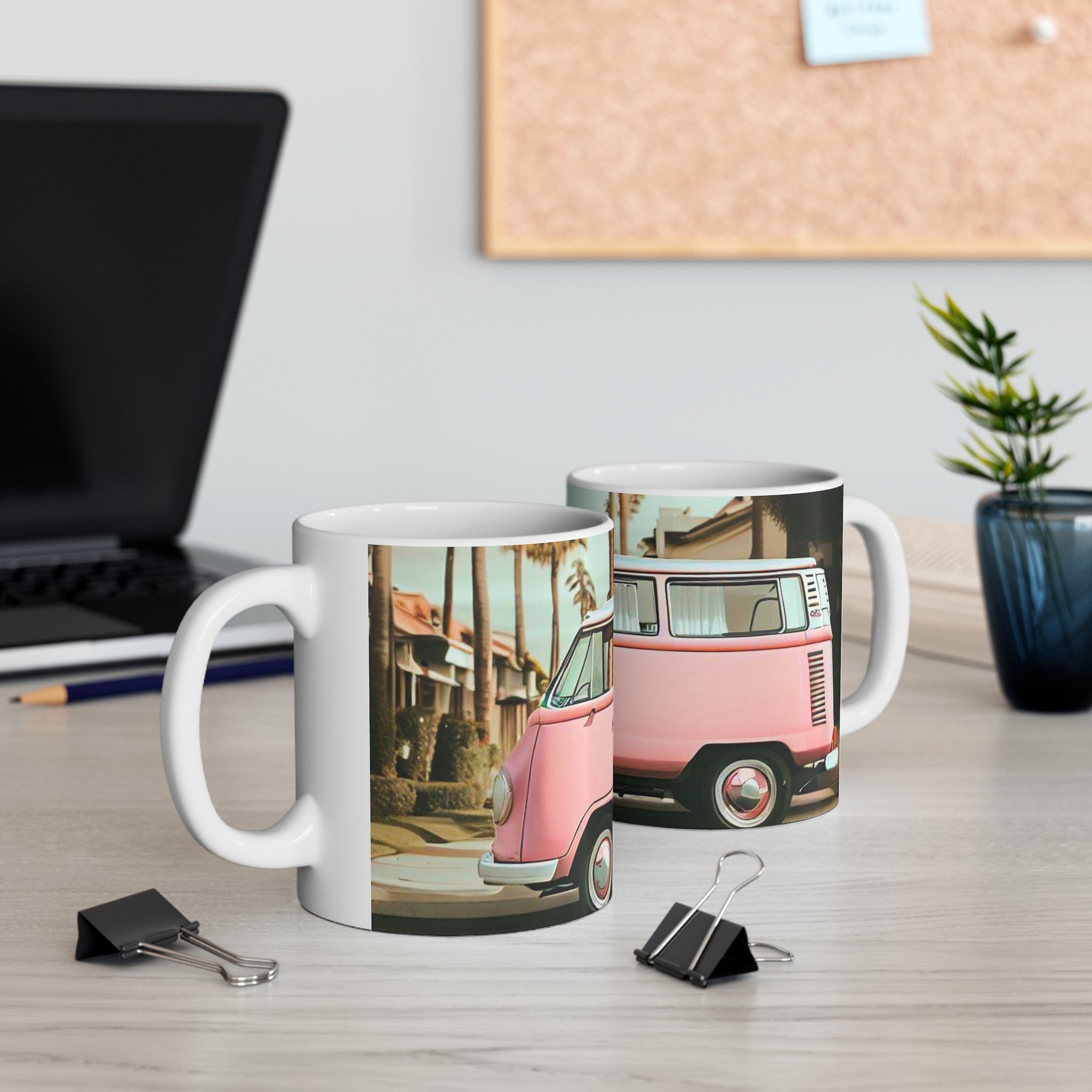 A stylish Retro Pink Van Coffee Tea Mug featuring a vintage pink van design, perfect for enjoying hot beverages.