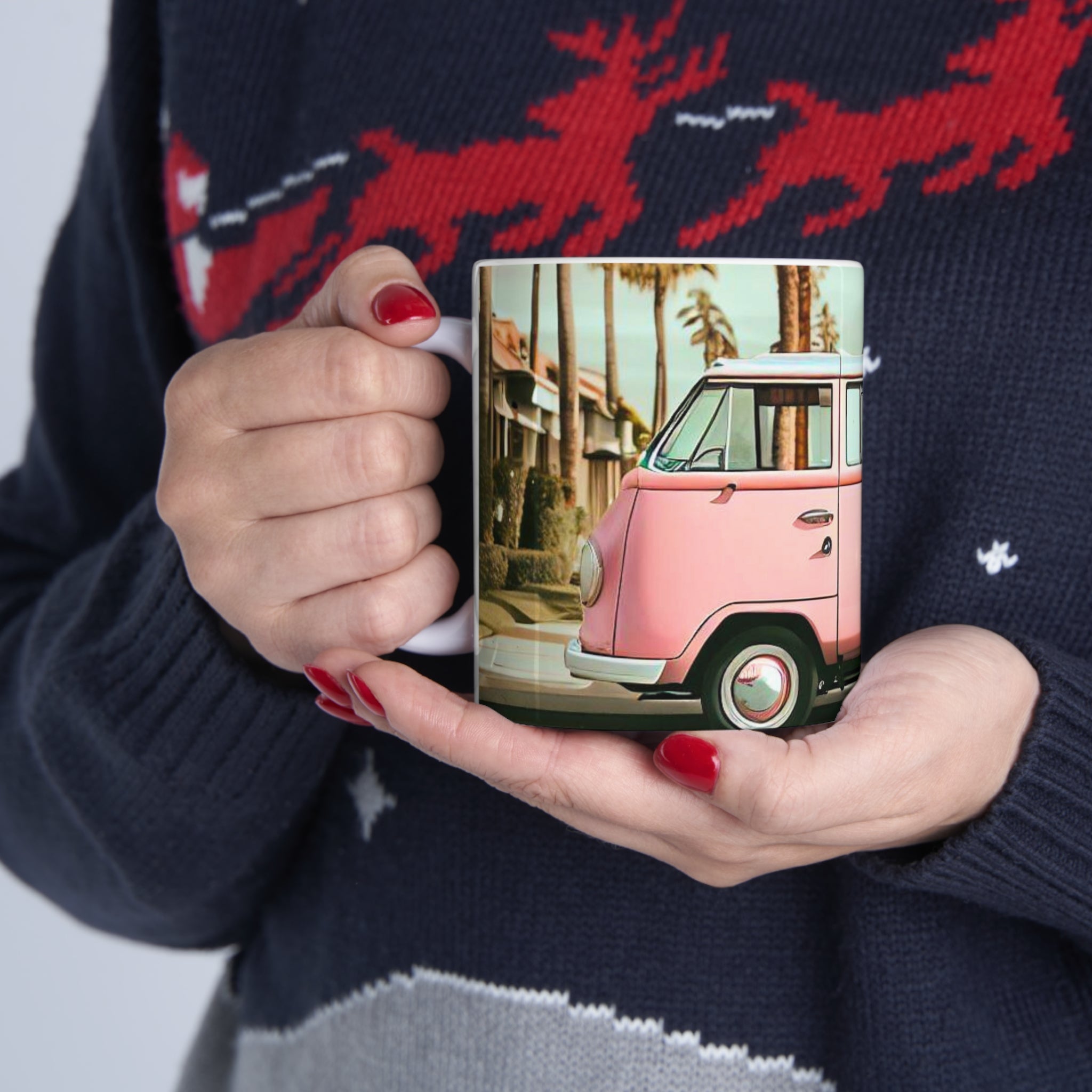 A stylish Retro Pink Van Coffee Tea Mug featuring a vintage pink van design, perfect for enjoying hot beverages.