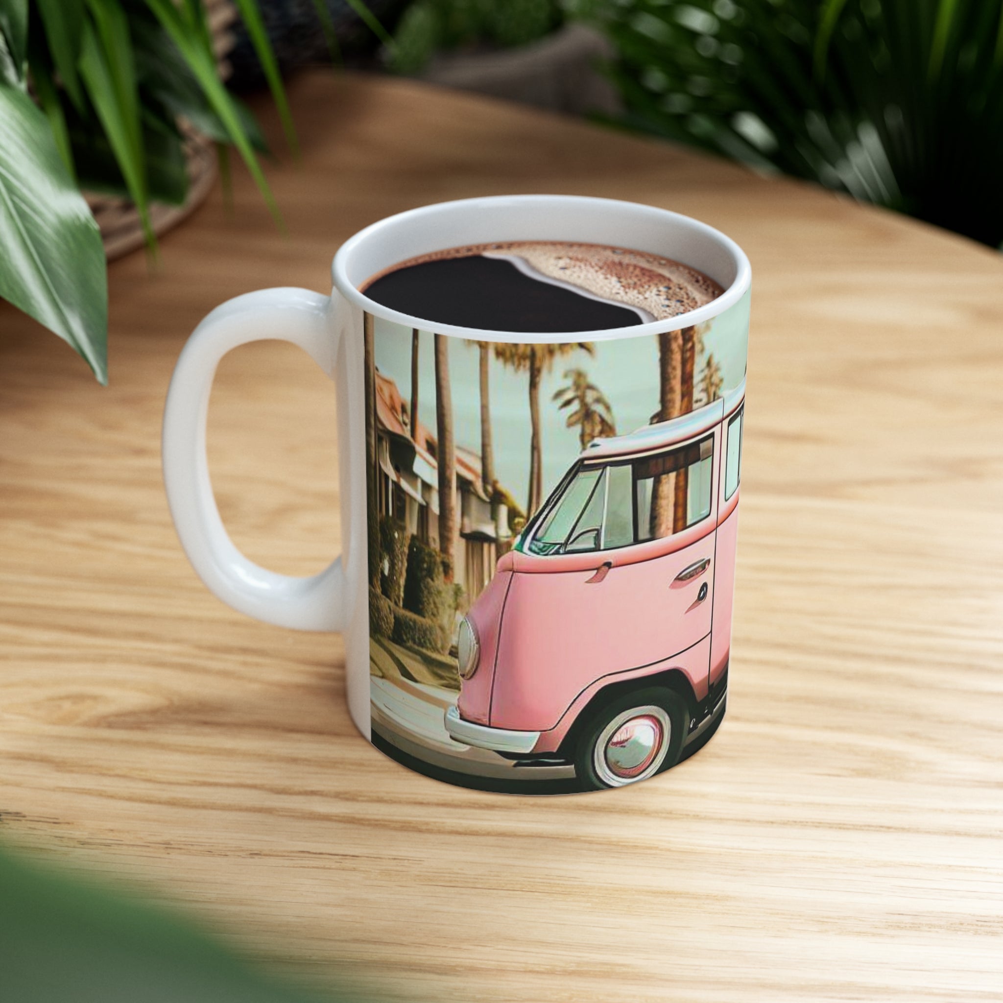 A stylish Retro Pink Van Coffee Tea Mug featuring a vintage pink van design, perfect for enjoying hot beverages.