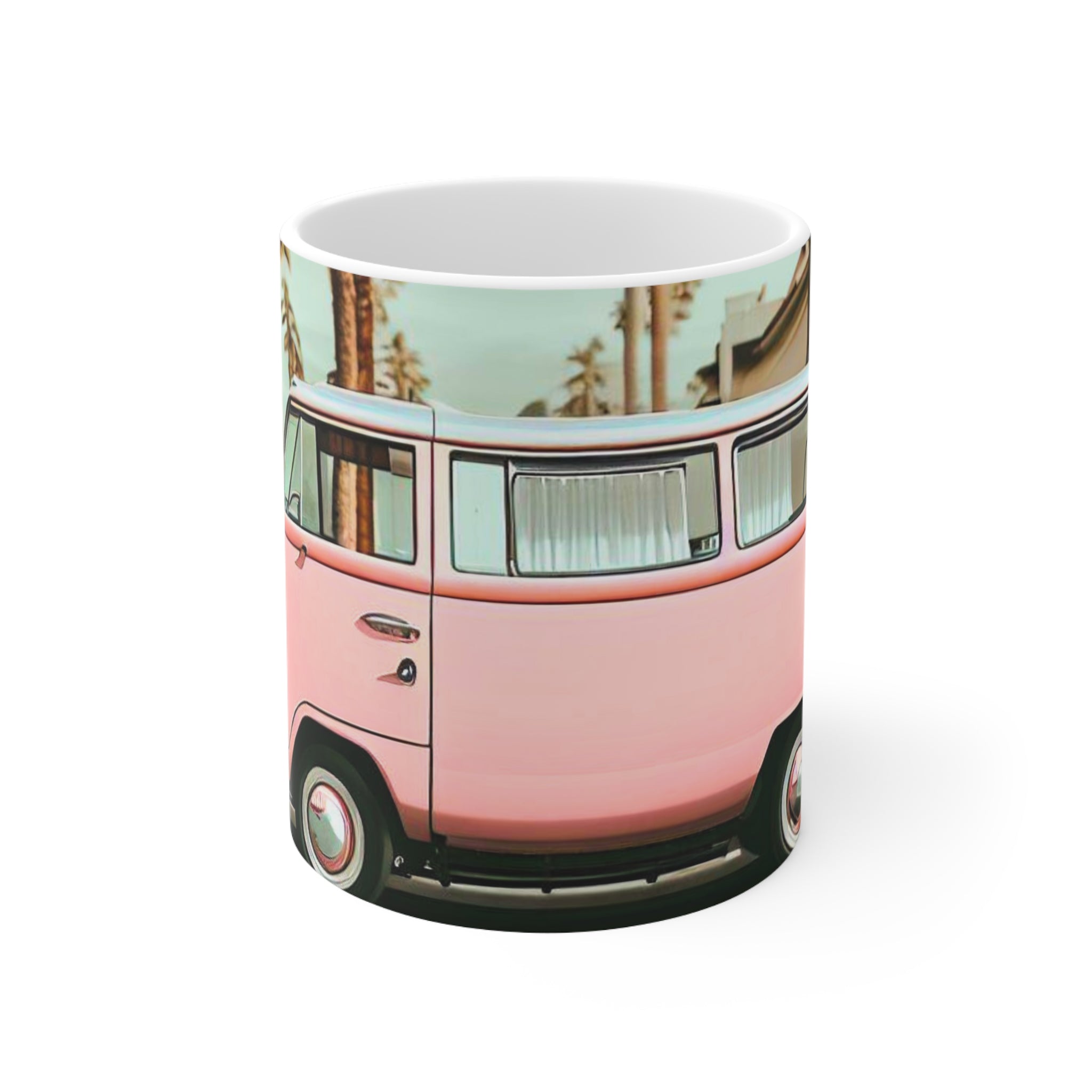 A stylish Retro Pink Van Coffee Tea Mug featuring a vintage pink van design, perfect for enjoying hot beverages.