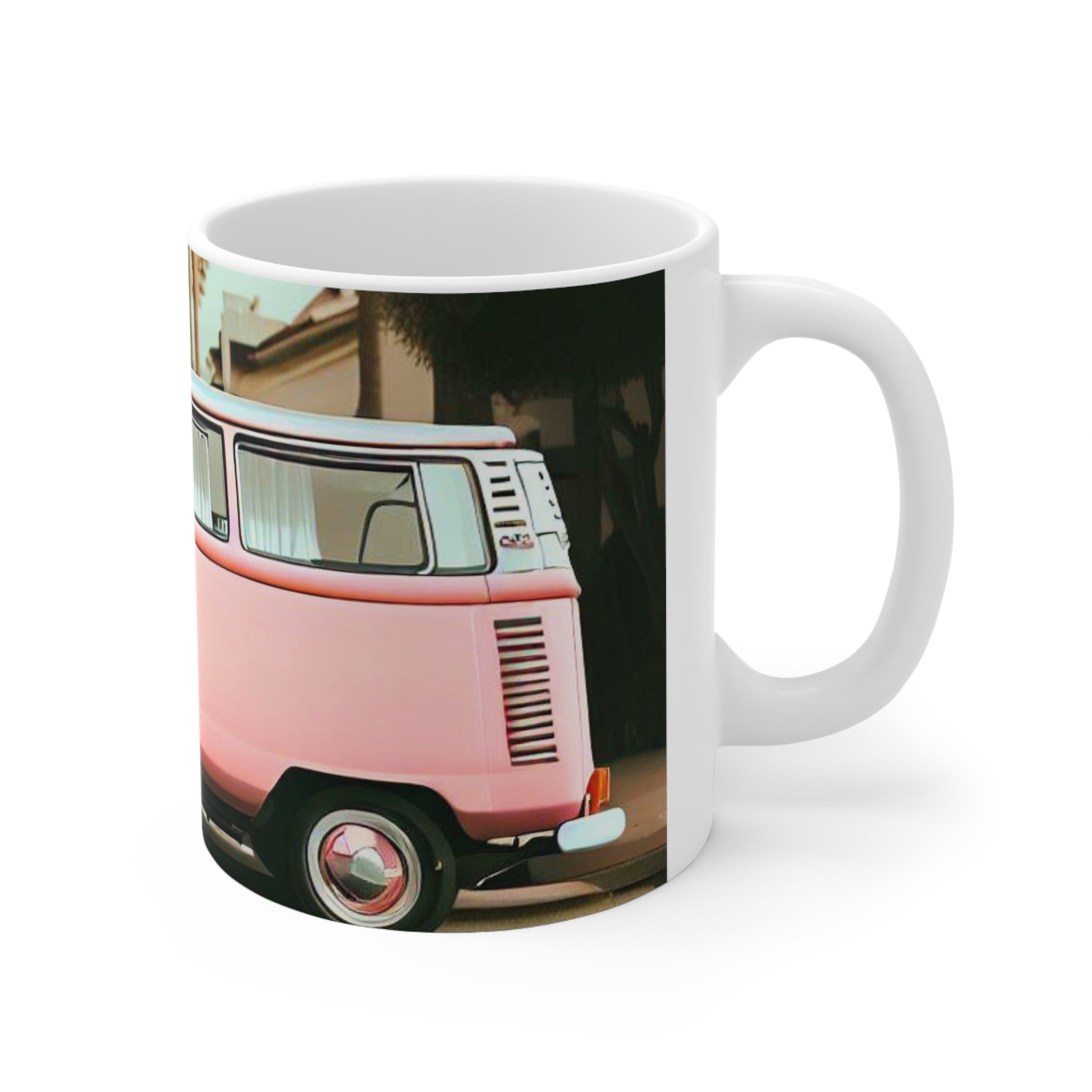 A stylish Retro Pink Van Coffee Tea Mug featuring a vintage pink van design, perfect for enjoying hot beverages.