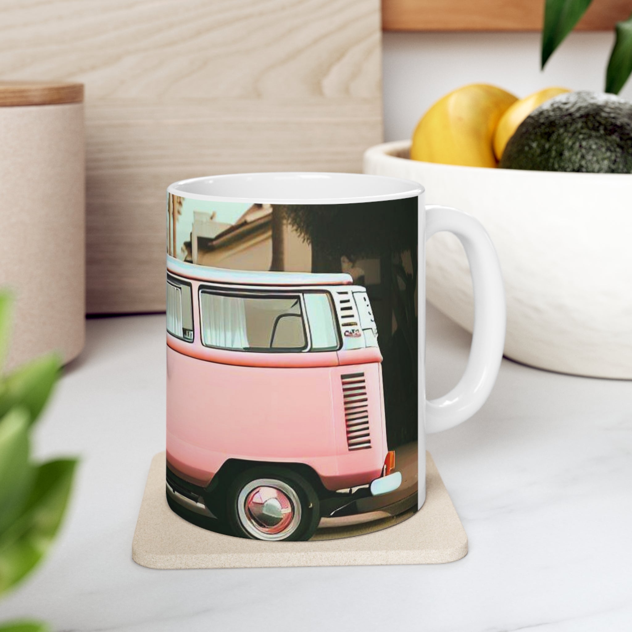 A stylish Retro Pink Van Coffee Tea Mug featuring a vintage pink van design, perfect for enjoying hot beverages.