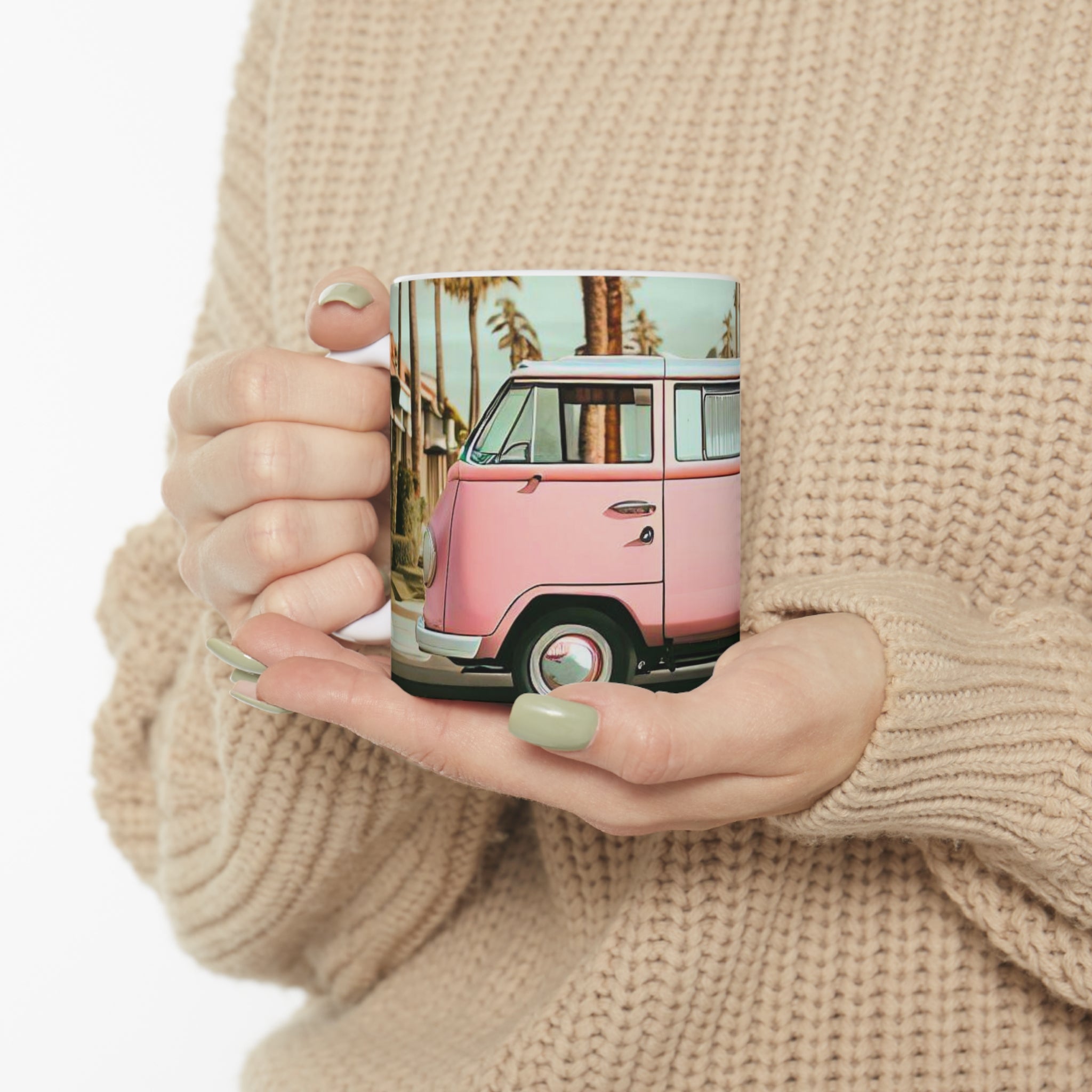 A stylish Retro Pink Van Coffee Tea Mug featuring a vintage pink van design, perfect for enjoying hot beverages.