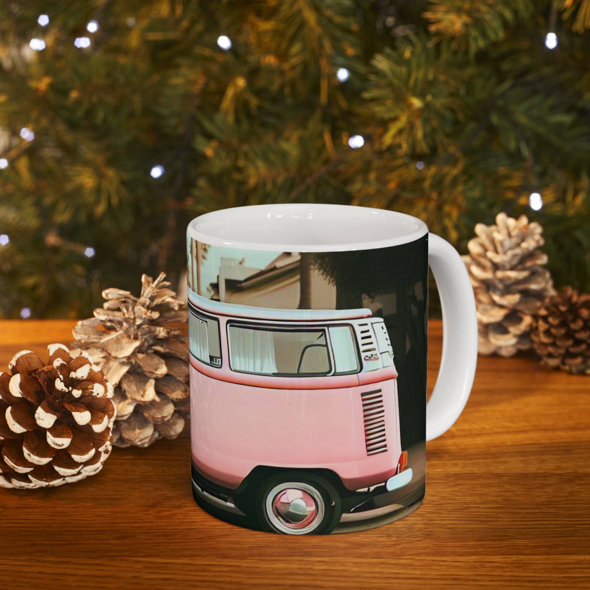 A stylish Retro Pink Van Coffee Tea Mug featuring a vintage pink van design, perfect for enjoying hot beverages.