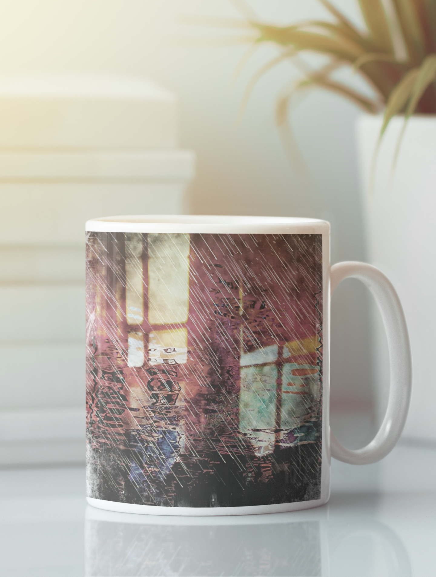 Retrospection Impressionistic Wall Pop Art coffee mug featuring vibrant colors and ergonomic handle, perfect for coffee or tea.