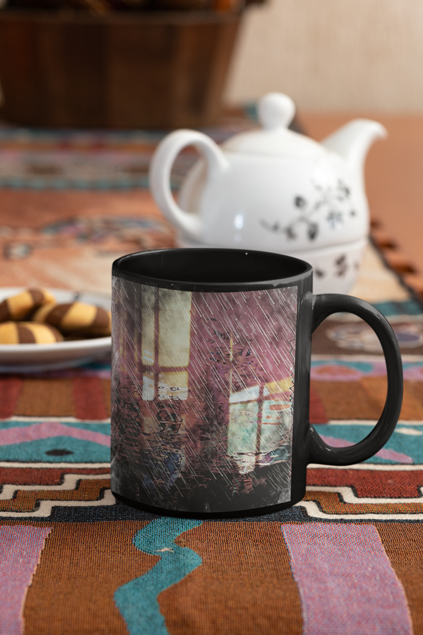 Retrospection Impressionistic Wall Pop Art coffee mug featuring vibrant colors and ergonomic handle, perfect for coffee or tea.