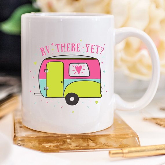 RV There Yet? Funny Camping Mug with humorous design, perfect for coffee lovers and adventurers.