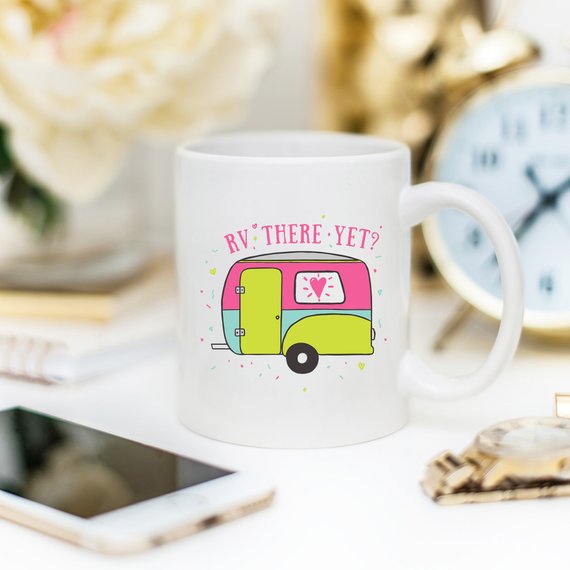 RV There Yet? Funny Camping Mug with humorous design, perfect for coffee lovers and adventurers.