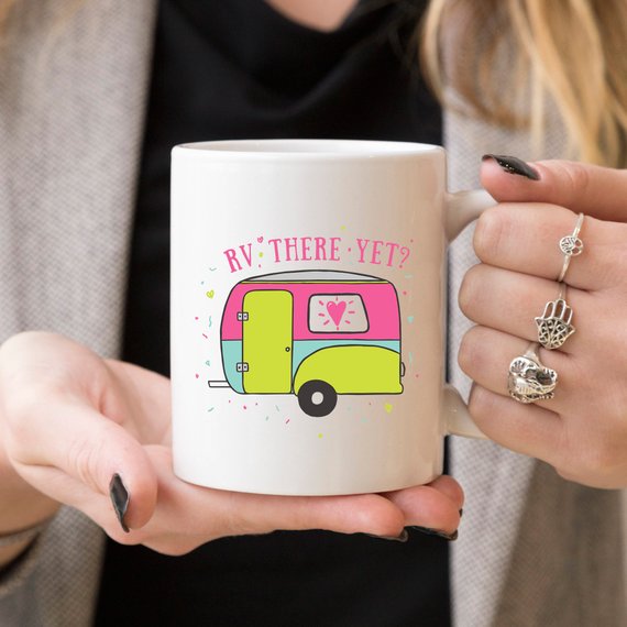 RV There Yet? Funny Camping Mug with humorous design, perfect for coffee lovers and adventurers.